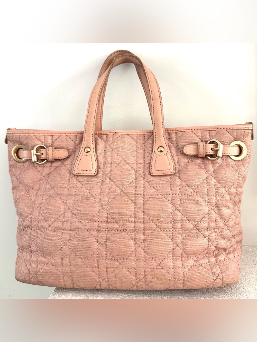 CHRISTIAN DIOR Pink Cannage Quilted Canvas Tote Bag w/ Dior Charm - Picture 2 of 9